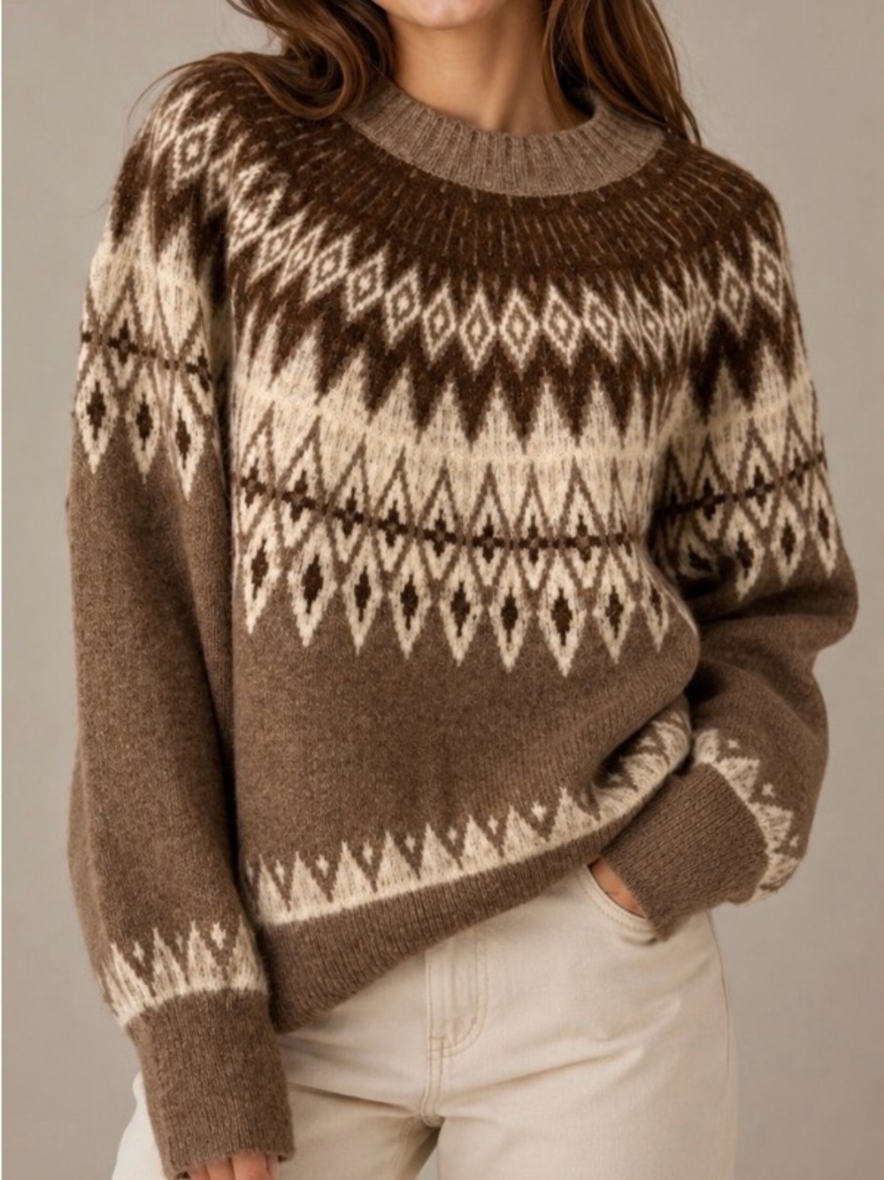 Haute Hippie Women’s Brown Oversized Fair Isle Crewneck Sweater Size Small NWOT